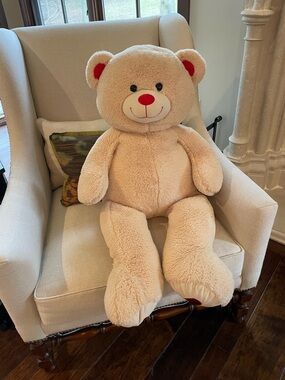 Plush Beige Teddy Bear with Red Accents - Soft Giant Kids Toy